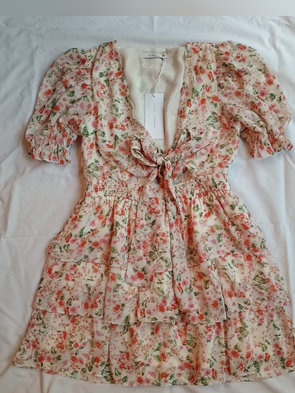 Lush Tiered Tie Front Mini Dress Women's M Floral Ruffle Keyhole Flouncy